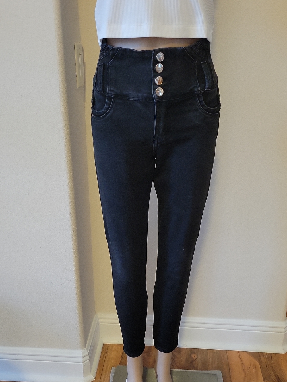 CARLOS PRADA JEANS Levanta Cola High Waisted Corset Denim T10/US 5, Grey-Black